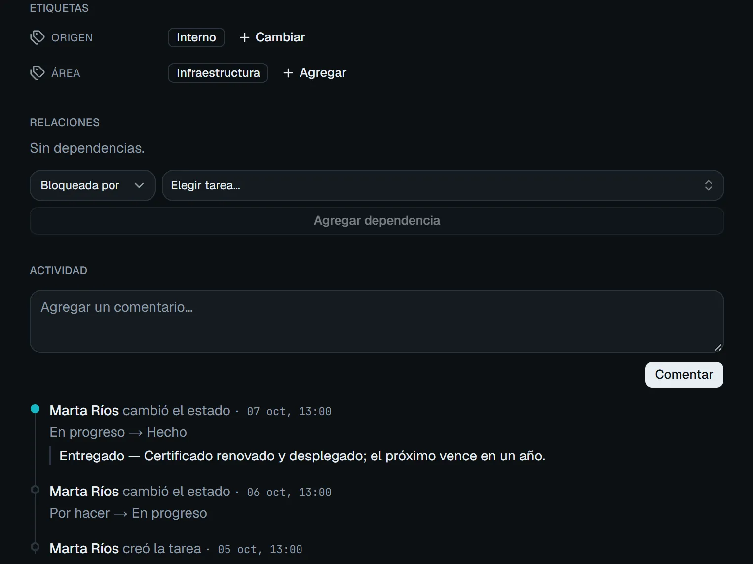 El detalle de una tarea con el historial que escribió un agente.